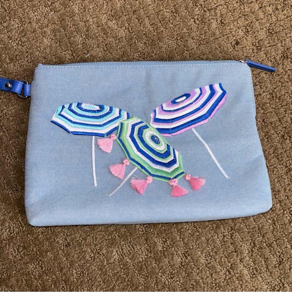 Talbots blue zippered pouch Clutch bag Embroidered Umbrellas beach tassel new